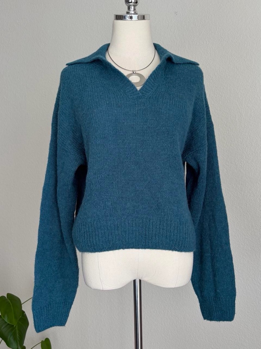 Nation LTD Cozy Teal V-Neck Collared Sweater - Women